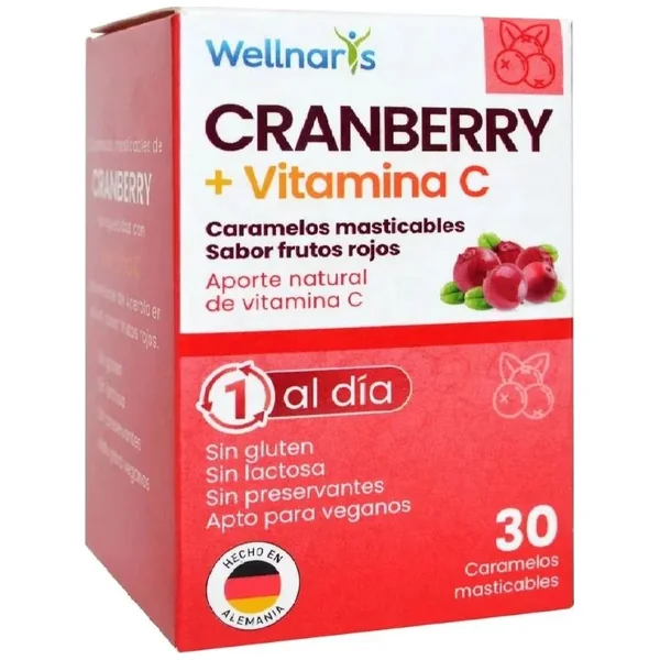 Caramelo Masticable Wellnaris Cramberry + Vitamina C Tabletas Frasco X 30 Frutos Rojos