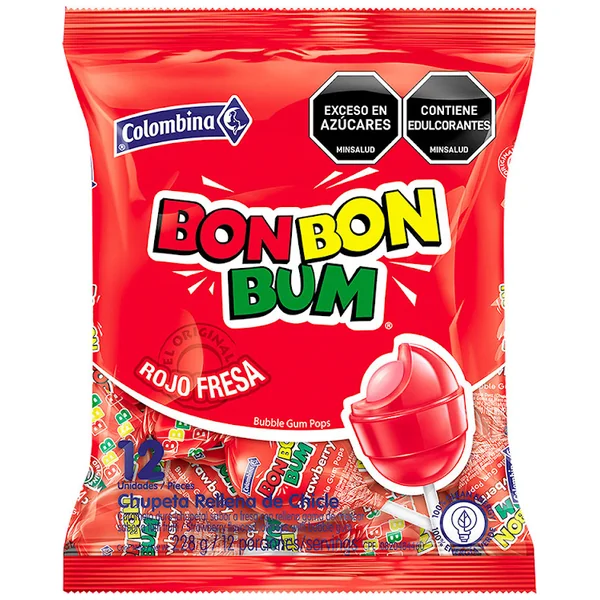 Dulce Bon Bon Bum Rojo Fresa Chupeta 228 gr x 12 und