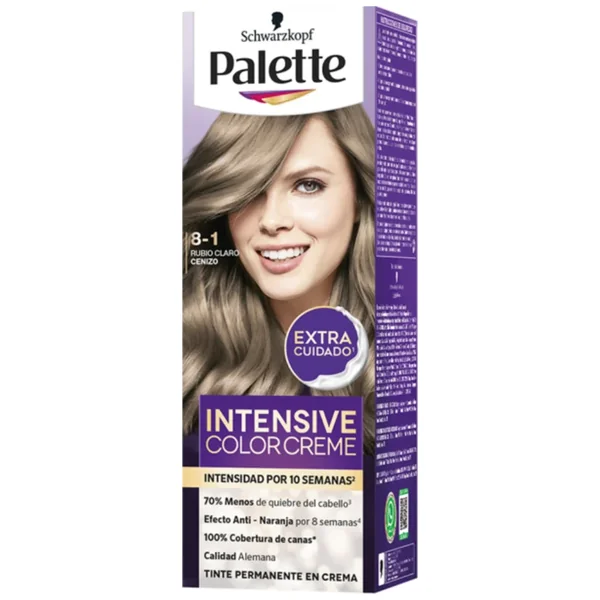 Tinte Palette Intensive Color Creme 8-1 Caja Por 1Tubo X50Ml+2 Frasco X25Ml+Guante X1Par Rubio Claro Cenizo