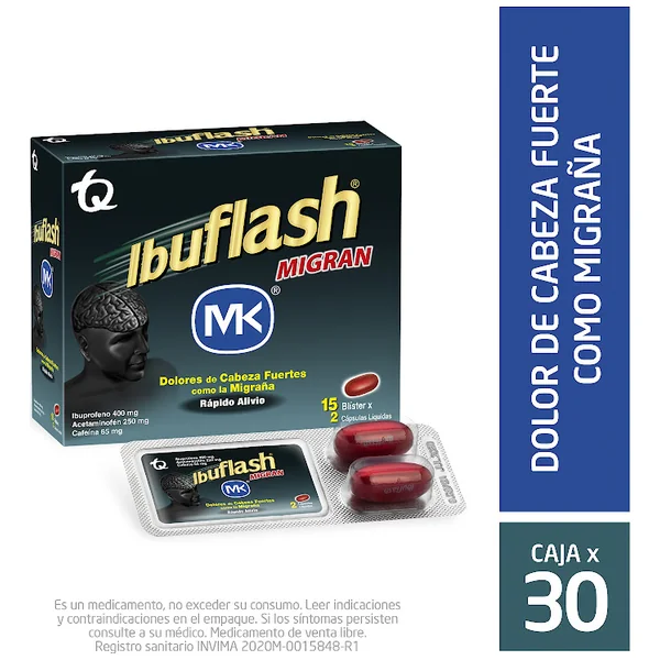Ibuflash Migran Ibuprofeno + Acetaminofén + Cafeina 400Mg/250mg/65mg MK Caja X 30 Cápsulas