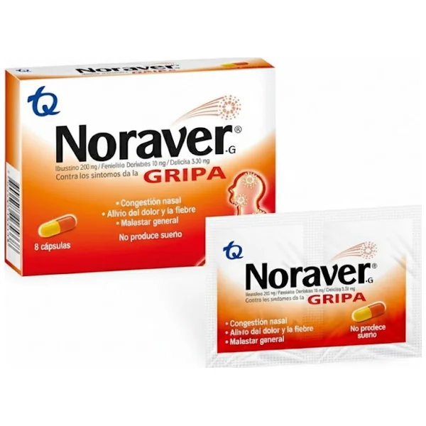 Noraver Gripa Ibuprofeno + Fenilefrina + Cetirizina 200/10/3.5Mg Tecnoquímicas Caja X 8 Cápsulas