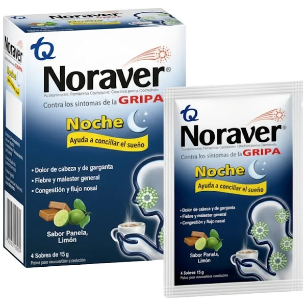 Noraver Gripa Noche Panela Limón Ibuprofeno + Fenilefrina + Cetirizina 200/10/3,33Mg Caja X 6 Sobres
