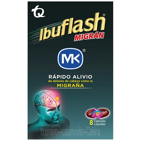 Ibuflash Migran Ibuprofeno + Acetaminofén + Cafeína 400Mg/250mg/65mg MK Caja X 8 Cápsulas