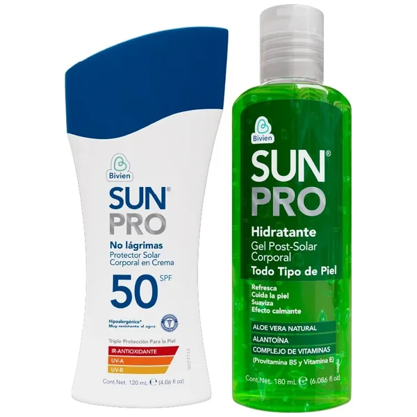 Promo Protector Solar + Gel Post Solar Sun Pro Spf 50 Paquete 1Frasco 120Ml + 1Frasco 180Ml