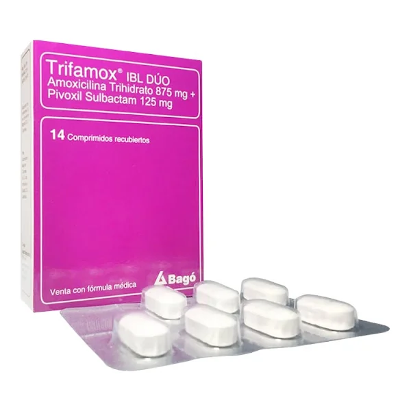 Trifamox IBL Dúo Amoxicilina + Sulbactam 875Mg/125mg Bagó Caja X 14 Comprimidos