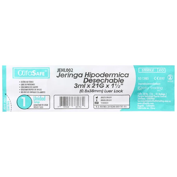 Jeringa Hipodérmica Alfasafe 3Ml X 21G X 1 Und
