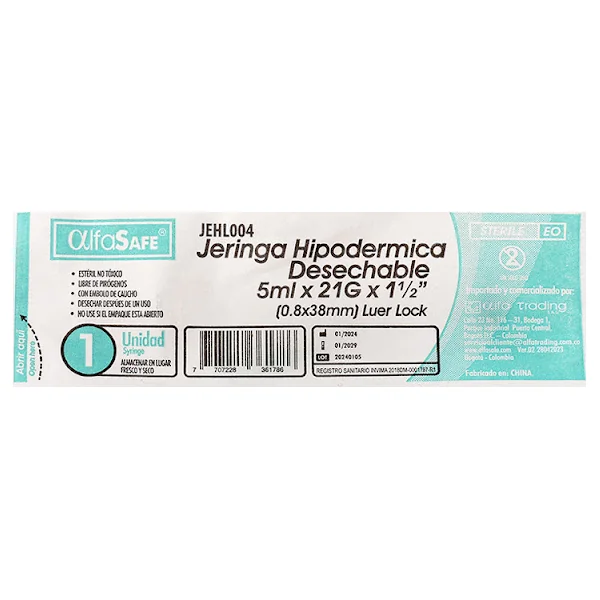Jeringa Hipodérmica Alfasafe 5Ml X 21G X 1Und