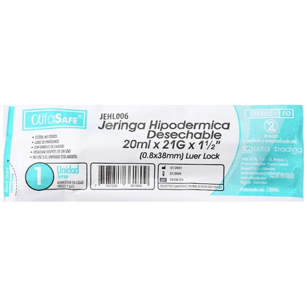 Jeringa Hipodérmica Alfasafe 20Ml X 21G X 1 Und