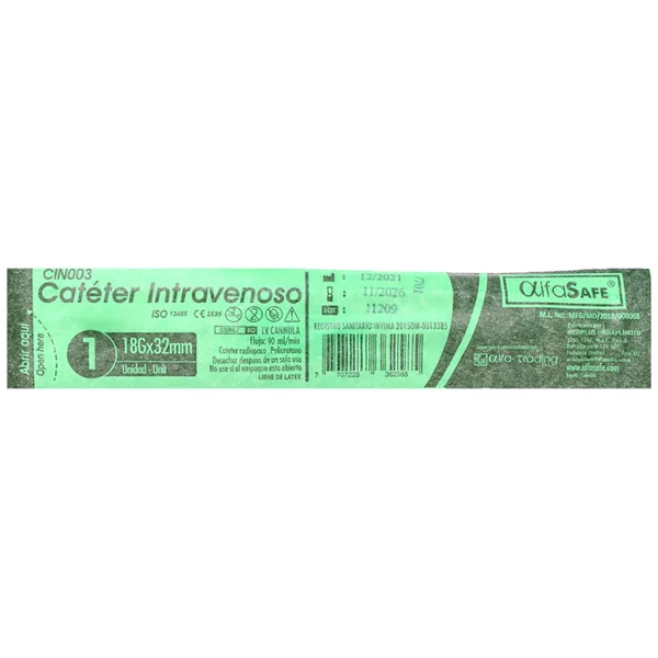 Catéter Intravenoso Alfa Safe 18G X 1 1/4 32Mm X 1 Und