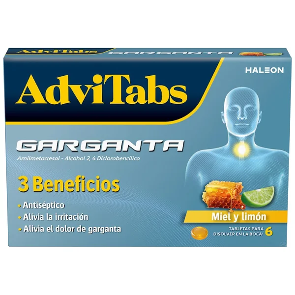 AdviTabs Amilmetacresol/Alcohol 2,4 Diclorobencílico Haleon  Sabor Miel Limón Caja x 6 Tabletas para Disolver