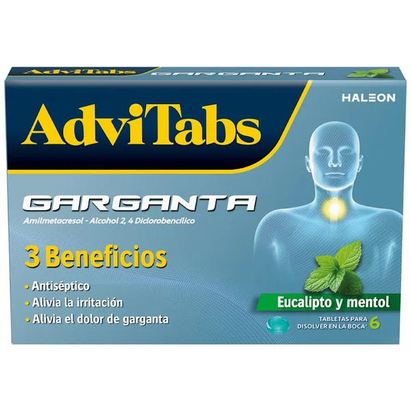 AdviTabs Amilmetacresol/Alcohol 2,4 Diclorobencílico Haleon Sabor Eucalipto Mentol Caja x 6 Tabletas para Disolver