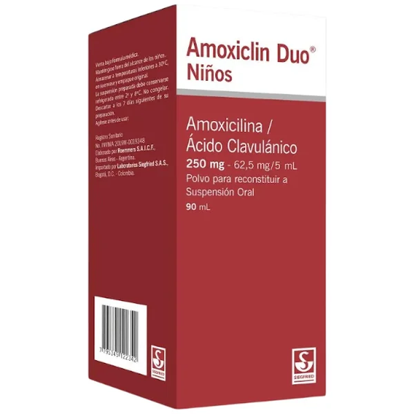 Amoxiclin Duo Niños Amoxicilina + Ácido Clavulánico 250Mg/62,5mg Frasco X 90 Ml
